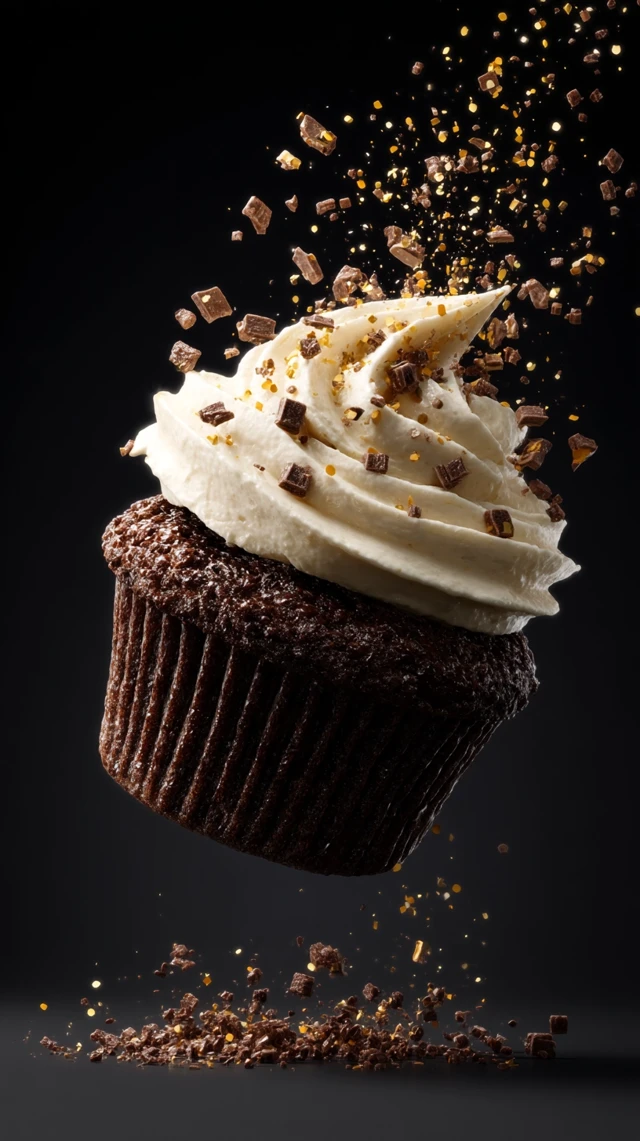 Chocolate Cupcake With Vanilla Frosting Falling