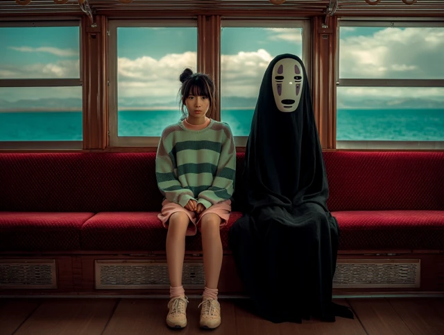Girl and No-Face on Train: Dreamlike Cinematic Shot