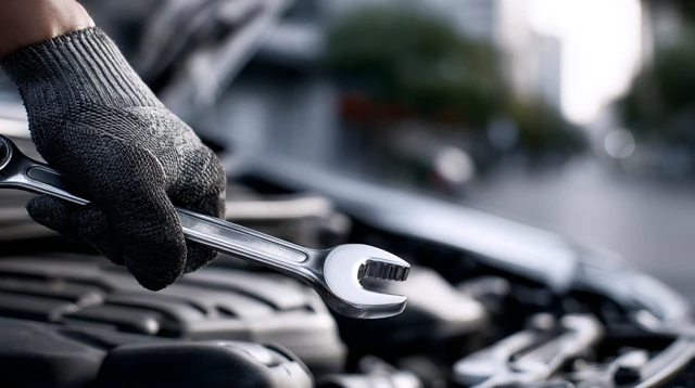 Mechanic Hand with Wrench Car Engine Bay