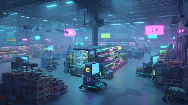 Futuristic Retail Warehouse with Robots and Neon Lights