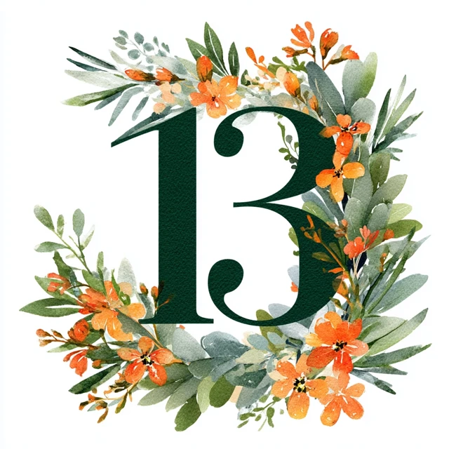 Floral Number 13 Clipart Green and Orange Flowers