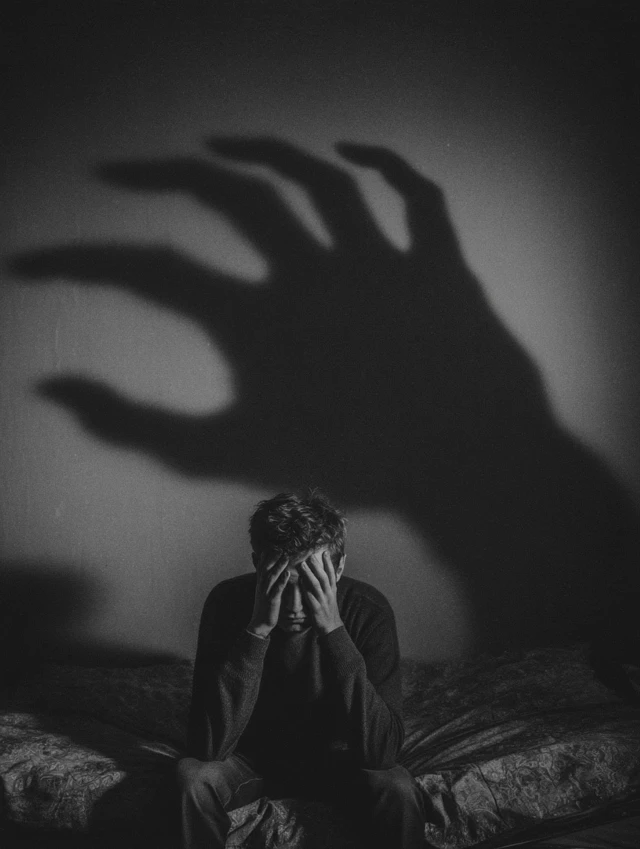 Man Overwhelmed by Shadow Anxiety and Fear