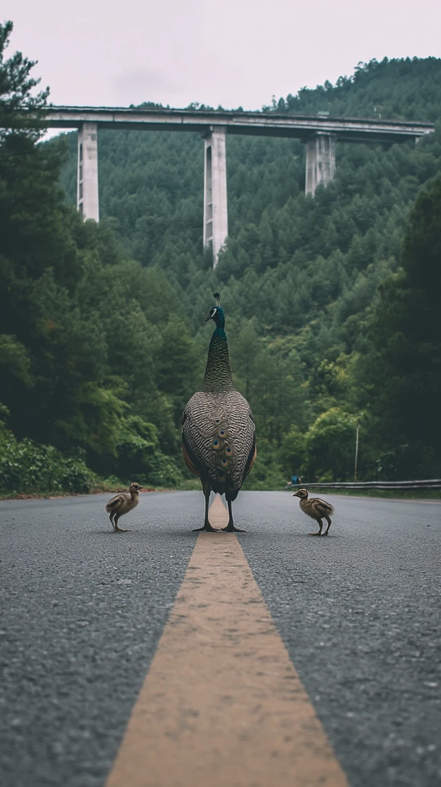 Peacock and Peachicks Roadside View Photography