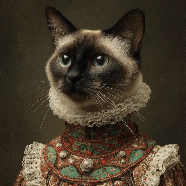 Victorian Siamese Cat Portrait with Frilly Collar