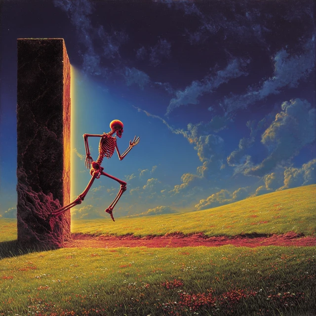 Red Skeleton Emerging From Portal In A Green Field