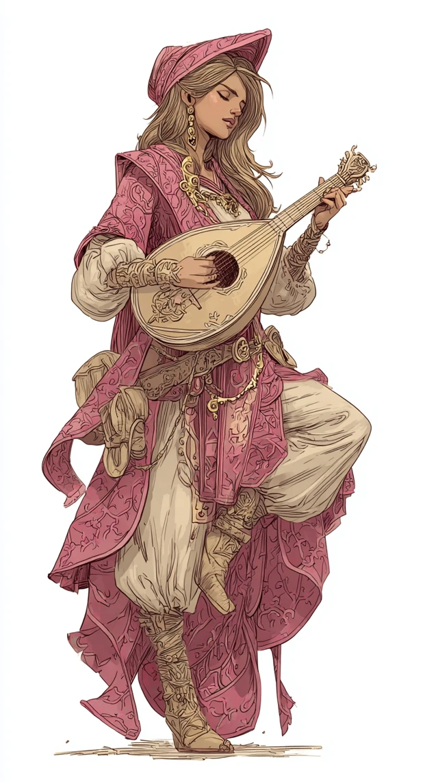 Female Bard Playing Lute in Court Illustration