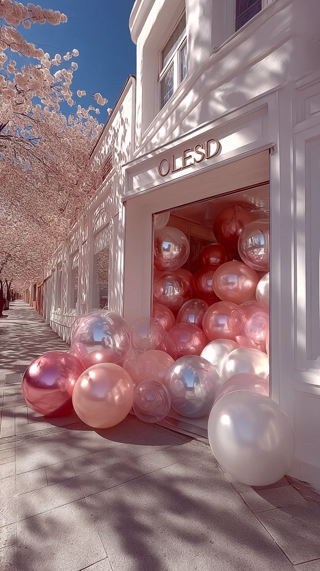 Storefront with Balloons and Cherry Blossoms