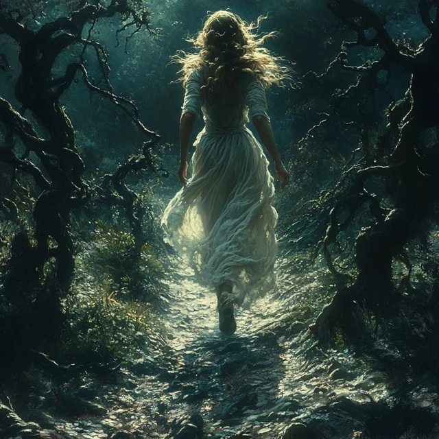 Woman Running in Dark Forest