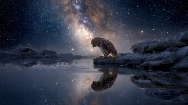 Owl Touching the Galaxy Waters