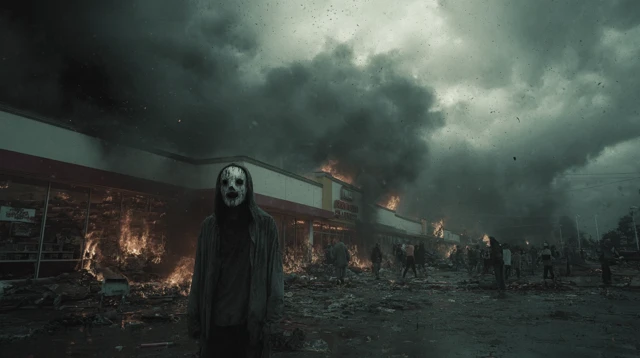 Apocalyptic Stripmall Looters and Fire Daytime Scene
