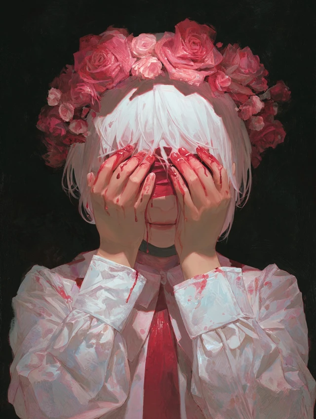 White Haired Girl with Roses Oil Painting Portrait