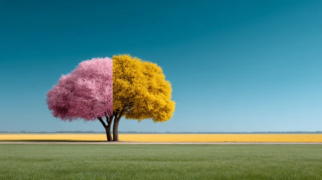 Colorful Trees on a Green Meadow High Resolution