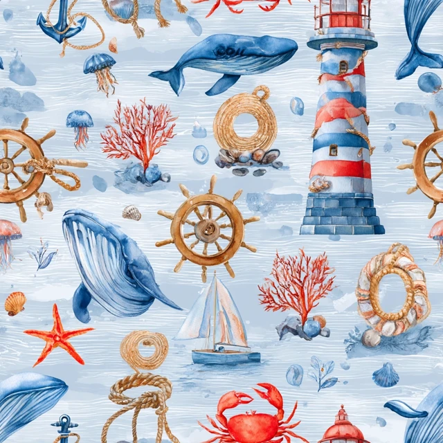 Nautical Seamless Pattern Watercolor Illustration