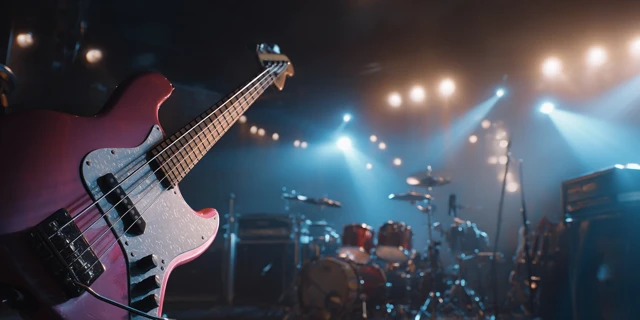 Hard Rock Stage with Bass Guitar and Colorful Lights