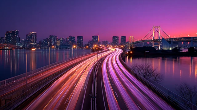 Tokyo Highway Night Rainbow Bridge Glowing