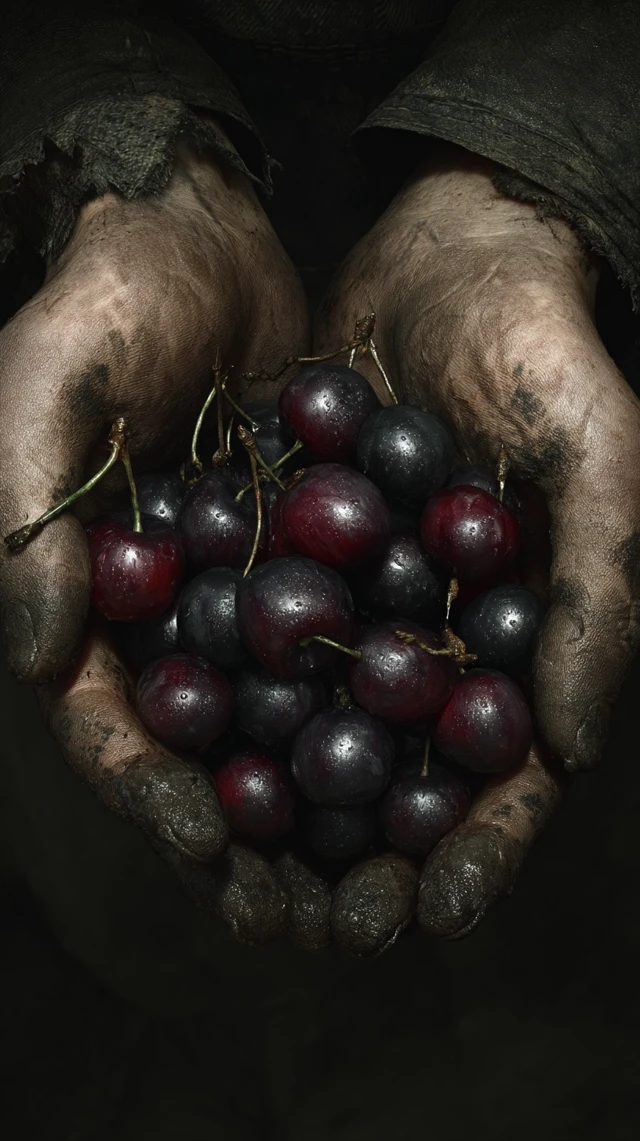 Hands Harvesting Black Cherries Photorealistic Image