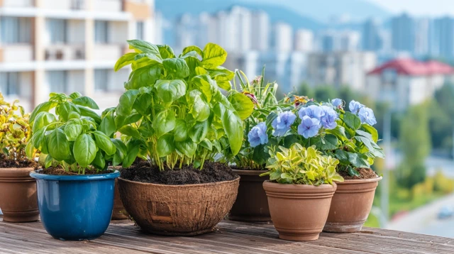 Urban Balcony Garden Flowers and Herbs in Morning Light
