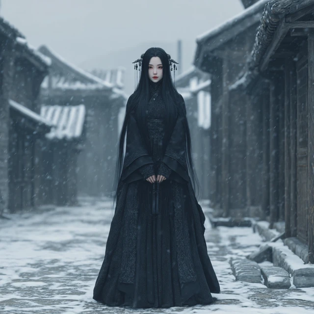 Gothic Chinese Woman in Snow Covered Village