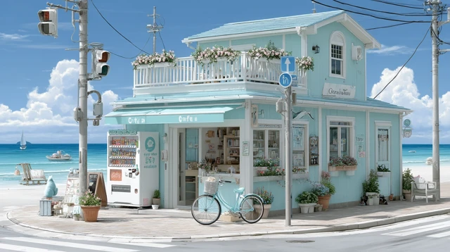 Coastal Cafe Scene in Webtoon Style