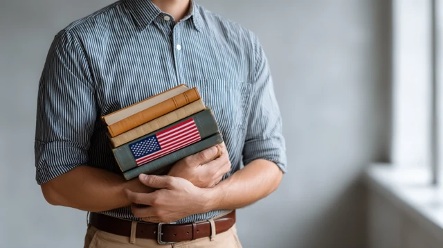 Academic Holding Books American Flag Back View