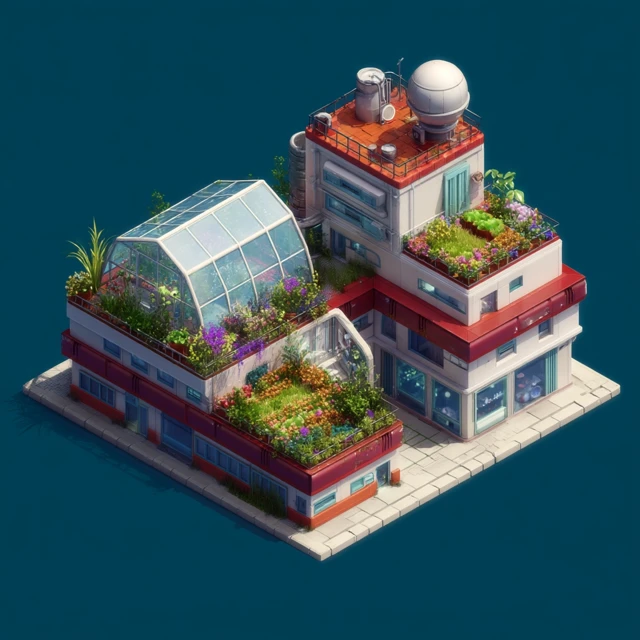 Futuristic Isometric Building Garden Roof
