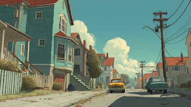 Cartoon Street Scene Watercolor Style