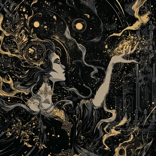 Goddess Casting Spell Black and Gold Illustration