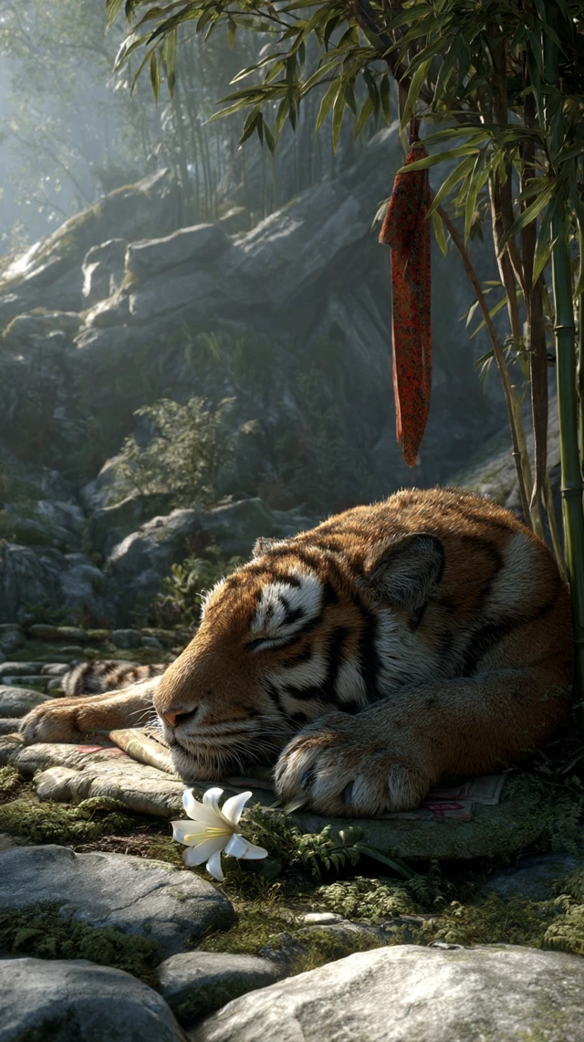 Majestic Siberian Tiger Sleeping in Bamboo Forest