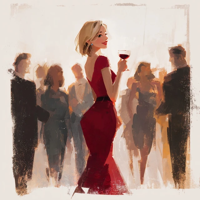 Blonde Girl in Red Dress at Wine Party