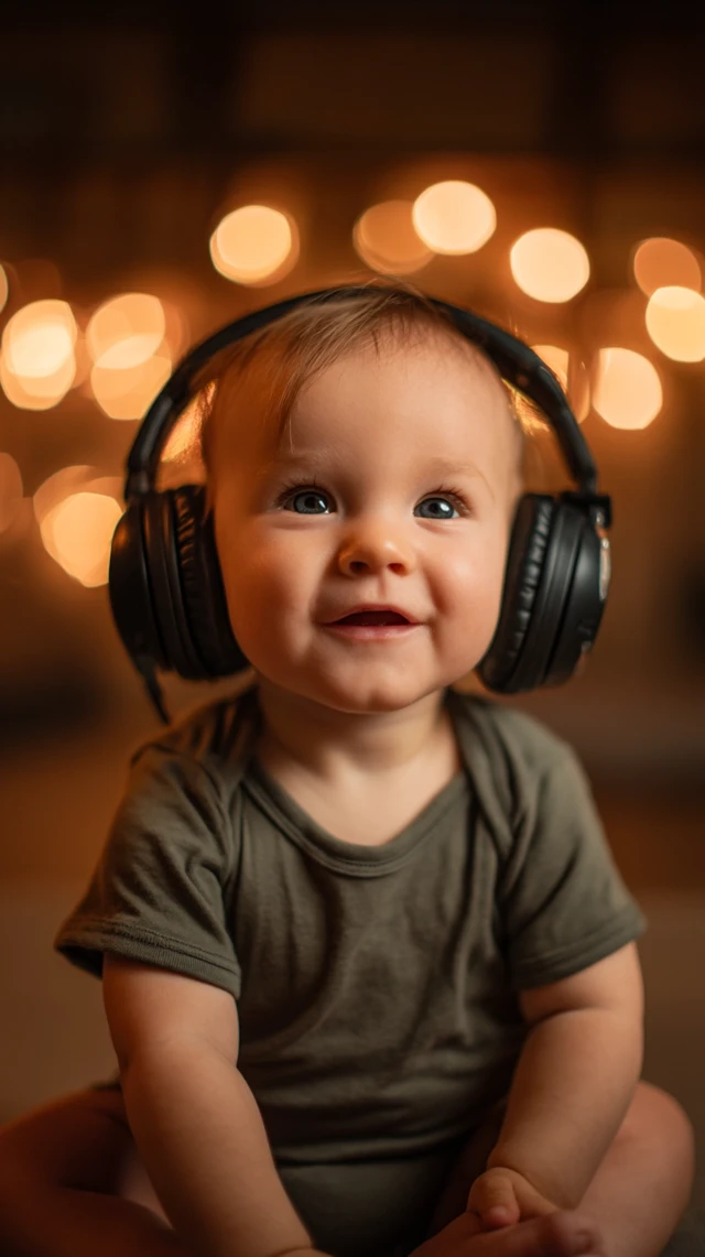 Cute Baby Boy with Headphones Photorealistic Portrait