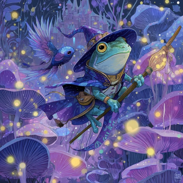 Wizard Frog in Magical Forest Whimsical Illustration