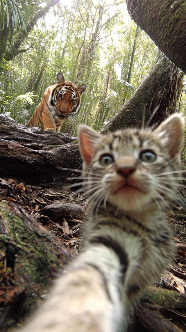 Kitten Selfie Chased by Tiger in Jungle