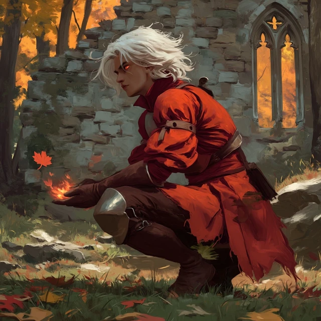 Autumnal Warrior Holding Fire in Forest