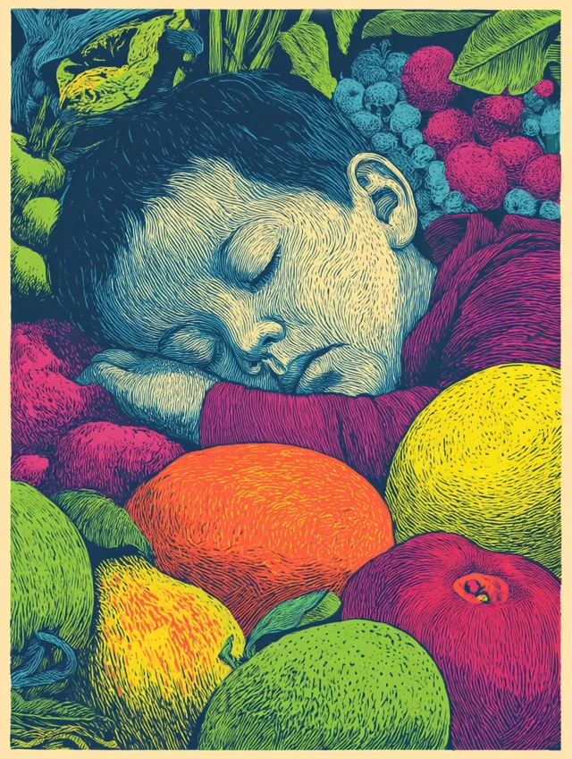 Psychic Toddler Dreaming of Fruit Linocut Print