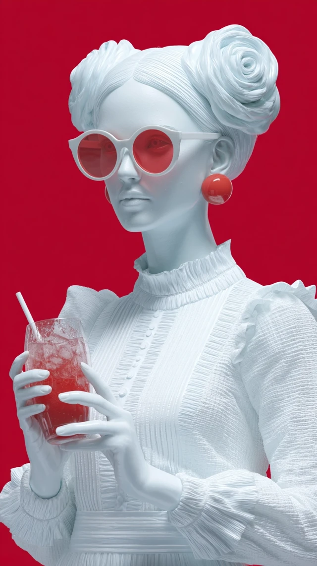 Fashion Sculpture: White Figure with Red Sunglasses and Drink