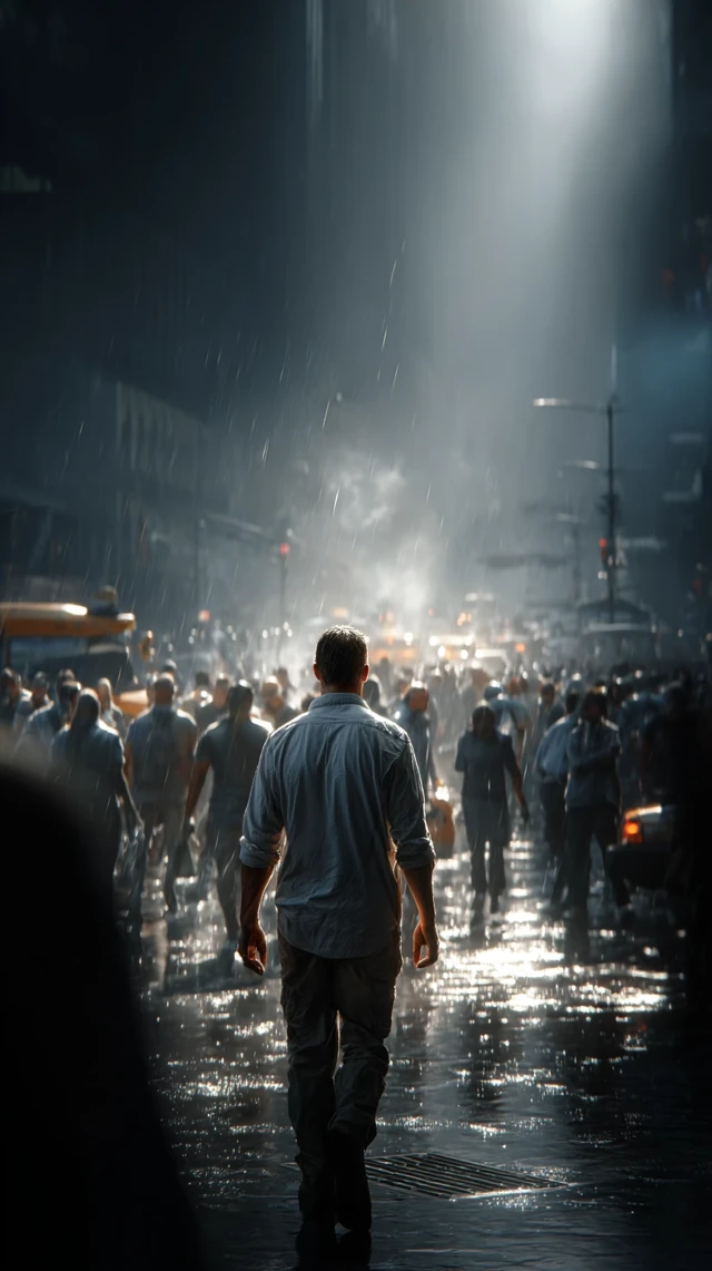 Man Walking Through Urban Chaos Calm and Focused
