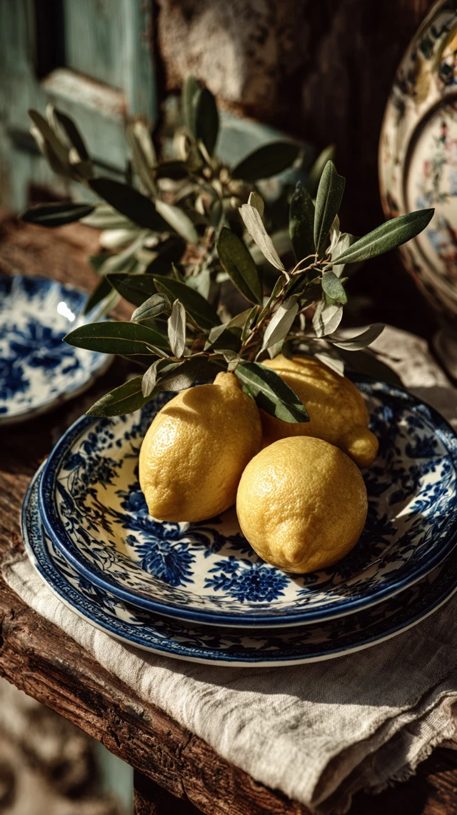 Mediterranean Still Life Lemons Blue Plates