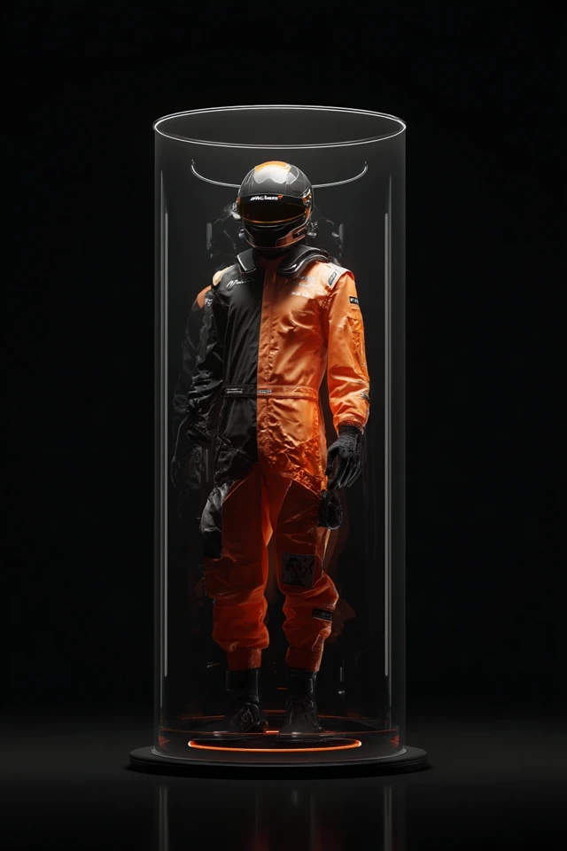 McLaren F1 Suit Futuristic Design in Display Case