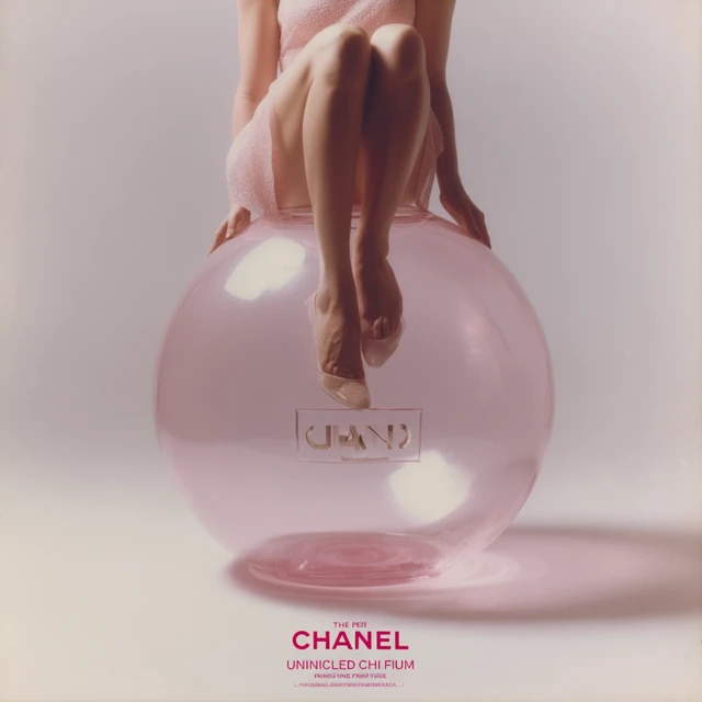 Chanel Perfume Ad Girl on Pink Bubble Hyperrealistic