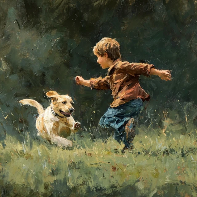 Boy Playing with Dog in the Green Field