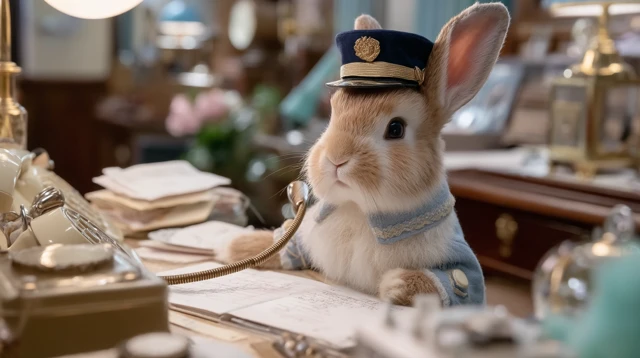 Cute Bunny in Uniform Answering Phone