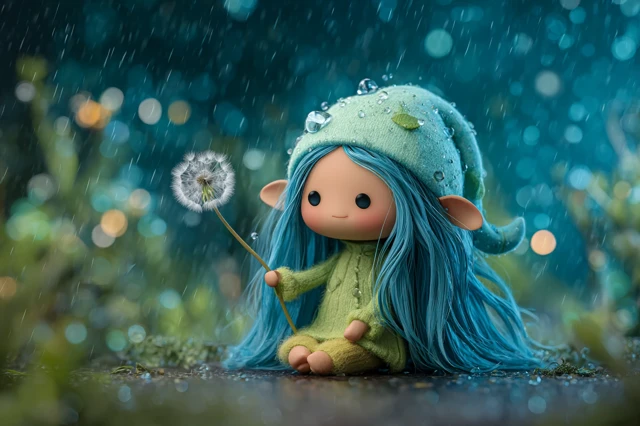 Cute Fairy with Blue Hair Holding Dandelion