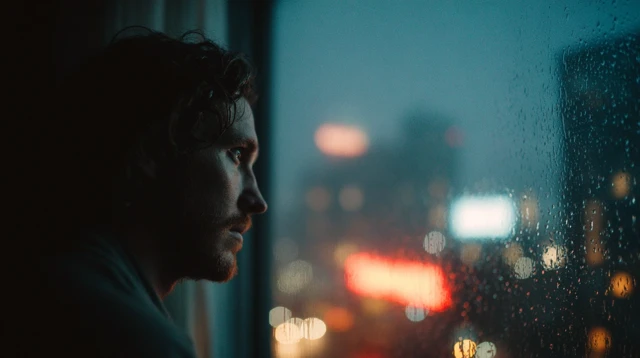 Man by Rain Window at Night Cinematic Shot