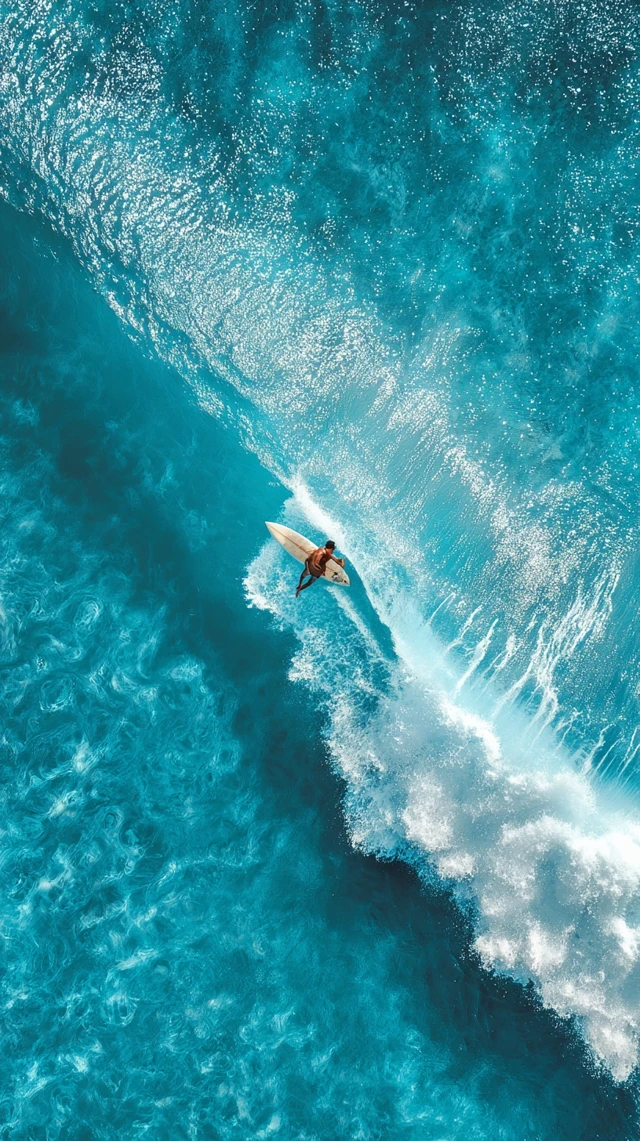 Surfer Riding Wave Aerial View Ocean Blue Wallpaper