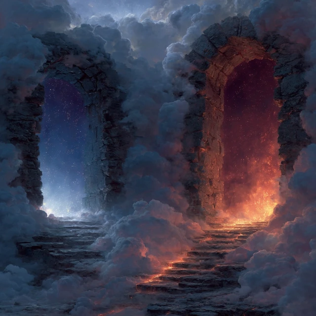 Fantasy Doors Blue Light and Red Lava Sky Scene