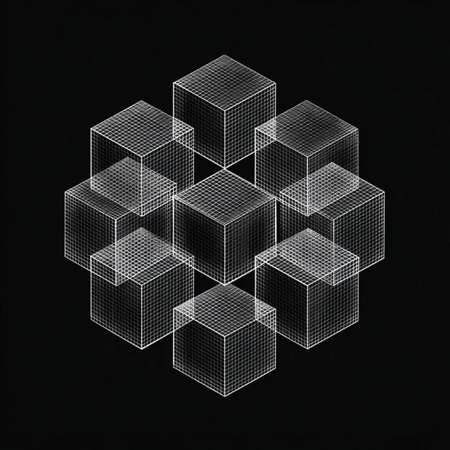 Rotating Cube Grid Abstract Art on Black Background