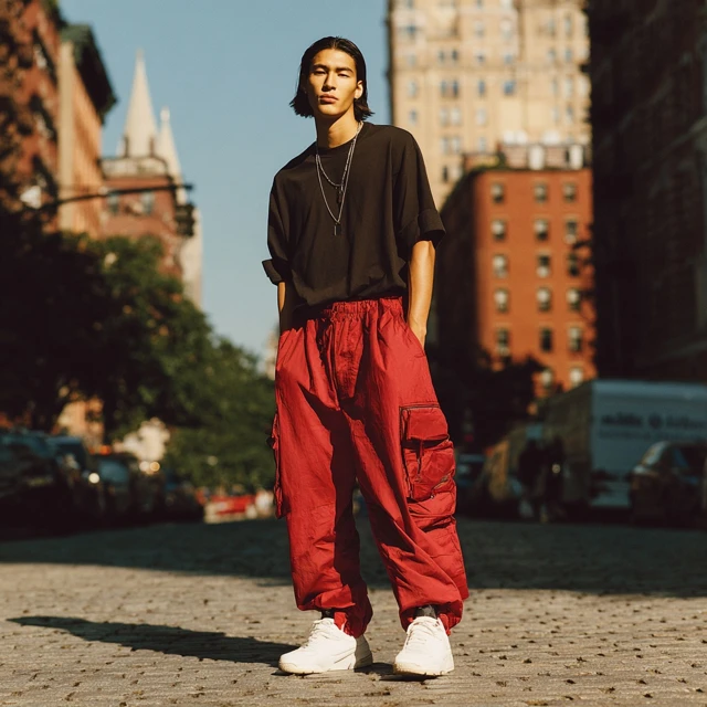 Street Style Fashion Male Model in Red Slacks
