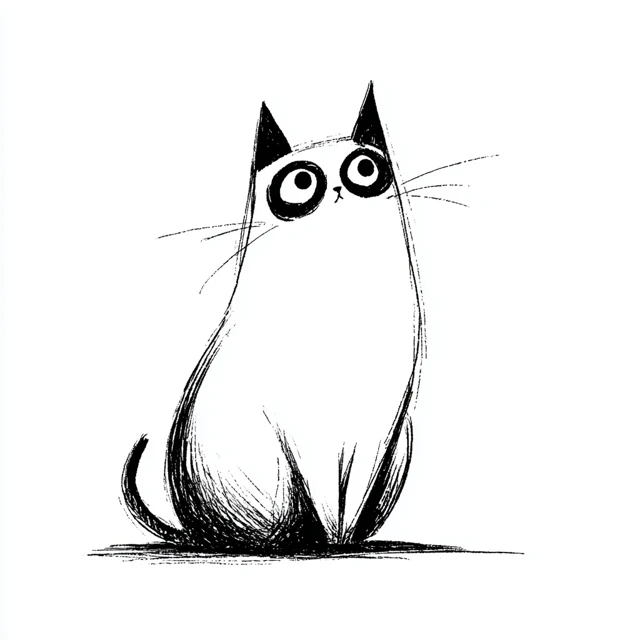 Cartoon Cat Simple Black and White Ink Drawing