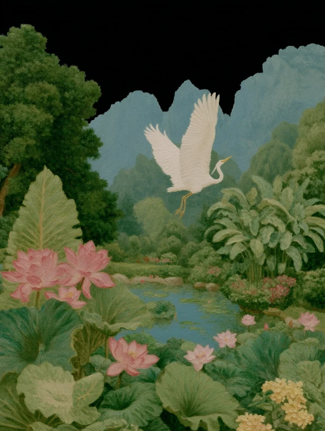 Chinese Landscape Painting: Crane, Mountains, and Lotus