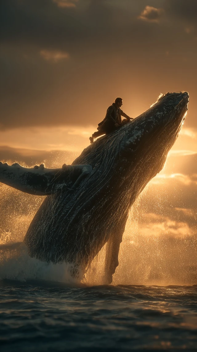 Whale Rider Man Leaping From Ocean Sunset